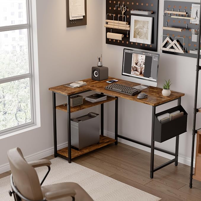 Pamray 40 Inch L Shaped Computer Desk with Reversible Side Storage Shelves, Small Corner Desk for Small Space Home Office, Writing Study Table PC Desk for Bedroom, Vintage