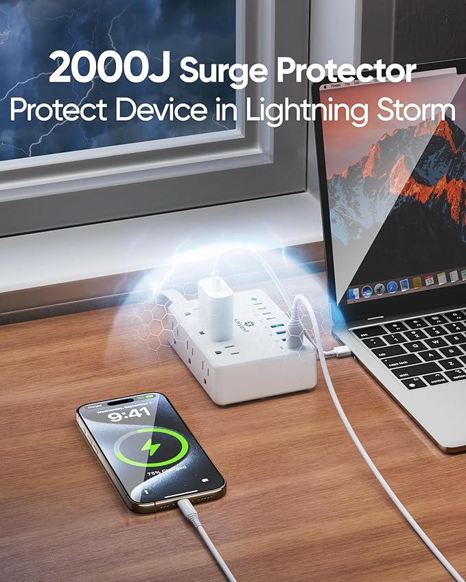 Small Surge Protector Power Strip, Kakyanill 5 ft Flat Extension Cord with 4 Outlets 3 USB Ports (2 USB C), 900 Joules Protection, Suitable for Home Office Dorm Room, White