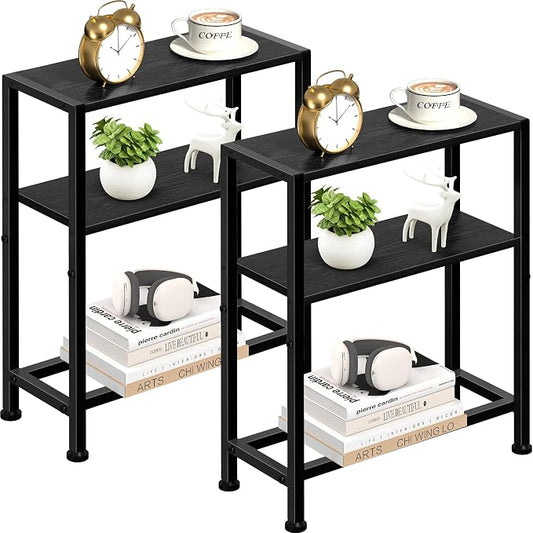 Narrow Side Table Set of 2 for Small Space, 2-Tier Small End Table with Shelf Holder, Slim Nightstand, Skinny Snack Couch Table in Living Room, Bedroom, Study, Kitchen and Balcony (Black)