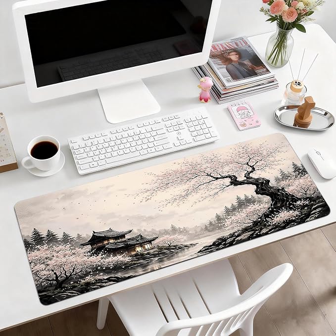 Gaming Desk Mat with Silky Smooth Surface & Exquisite Patterns,31.5x11.8 Inches Large-Sized Mouse Pad, Perfect for Extended Gaming,Work,and Home Office Decor (Japanese Ink Painting 2)