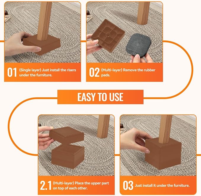 shouwuhho Furniture Risers, 4 Pack Bed Risers with Non-Slip Grip and Heavy Duty Support, 1 Inch 2 Inch 3 Inch 4 Inch Height Lift for Couch, Sofa, Table, Desk, Chair, Refrigerator - Brown, 1+1+1 Inch