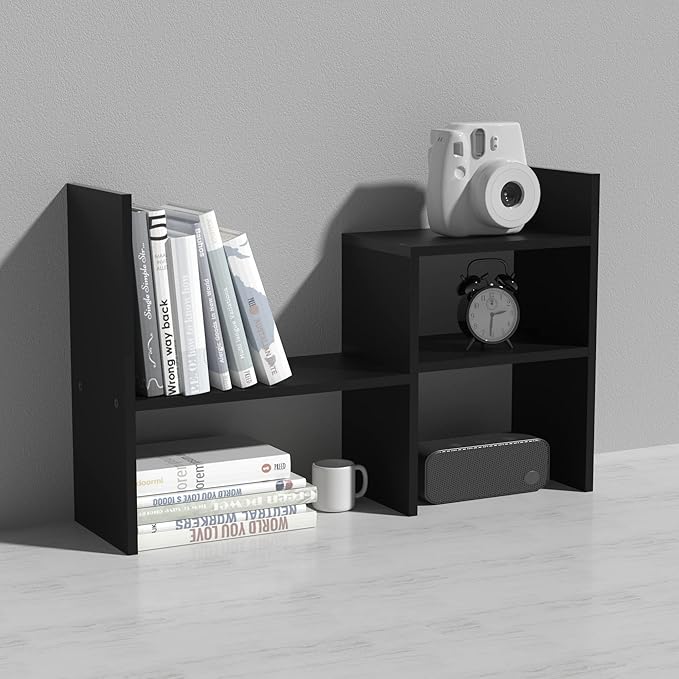 MASAKA B&W - Kawaii Storage Desktop Organizer for Your Desk Space, Double H Plants Display Shelf, Home Office Storage Rack Adjustable Stackable for Office, Dormitory (Black*02)