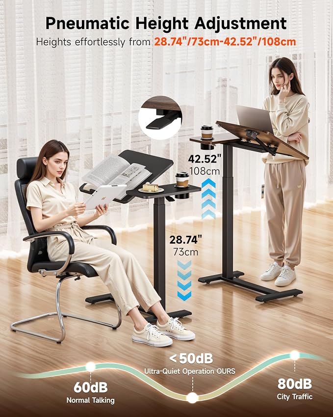 BZIUM Overbed Bedside Table with Hidden Wheels, Adjustable Medical Tilt Top Hospital Bed Table Over The Bed, Rolling Desk Mobile Standing Desk (31.5x15.8, Walnut)