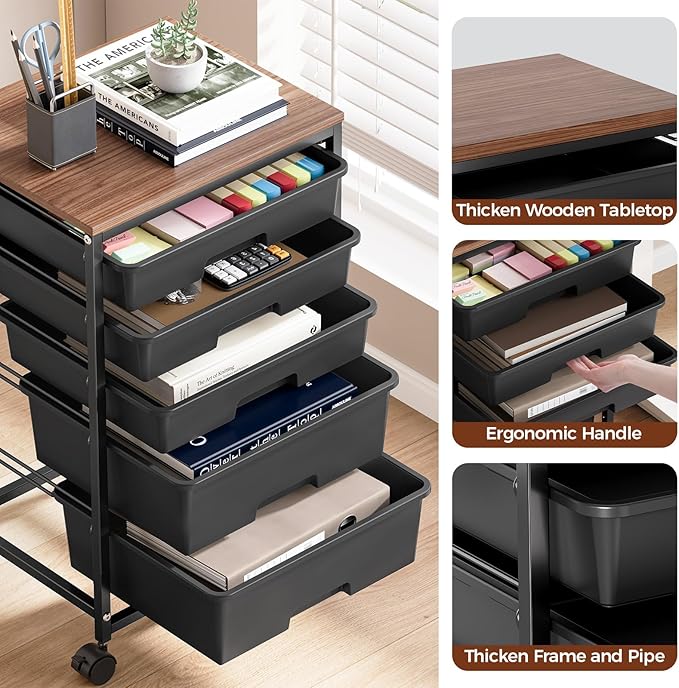 SYKIARIOL 5-Tier Rolling Utility Storage Drawer Craft Cart on Wheels with Wooden Tabletop, Mobile Craft Storage Drawer Cart Trolley for Home Office, Classroom, Craft Room & Kid Room, Black