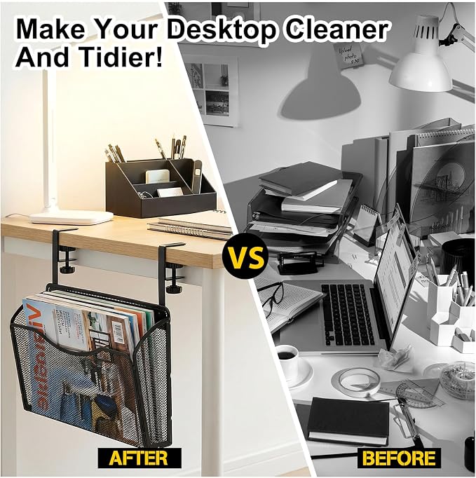 Clamp On Desk Organizer, 2-IN-1 Under Desk Side Organizer Storage Hanging Wall Mounted File Holder Under Desks Drawer Mesh File Organizers for Office Home Room Storage Basket