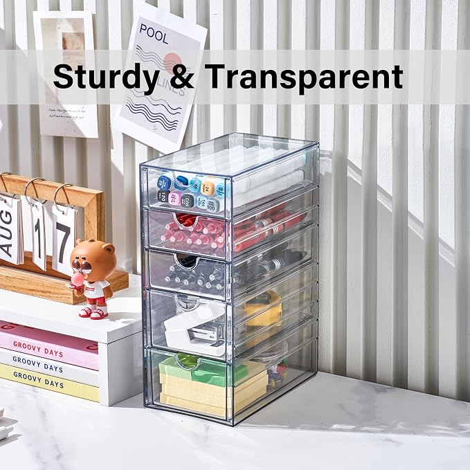 Prsildan Acrylic Drawer Makeup Organizer with 5 Drawers, Hair Accessories Organizer, Office Desk Organization, Clear Stackable Storage Drawers for Vanity, Countertop, Craft, Jewelry