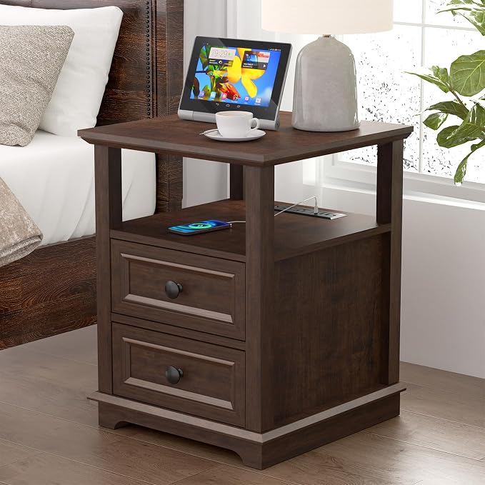 REDAYFUR 18" Wide End Table with Fast Charging Station Set of 2, 18” Wide Sofa Side Table with Drawers,End Table with Drawers for Living Room,Cherry
