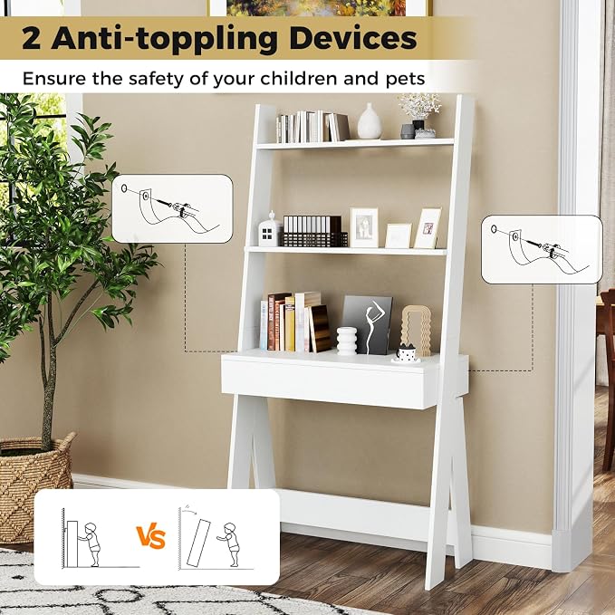 Tangkula Ladder Desk with Countertop & Drawer, Home Office Computer Laptop Table with Open Shelves & Anti-Tip Kits, Wall-Leaning Compact Working Station for Small Spaces (White)