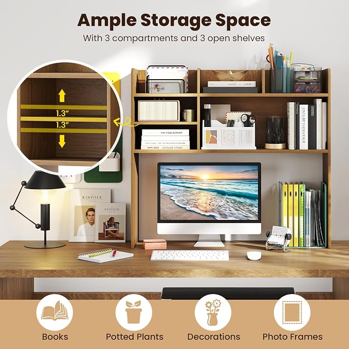 Giantex Desktop Bookshelf, 37" Desk Hutch Dorm for Computer Up to 32 Inch, Countertop Hutch w/6 Storage Shelves, 3-Tier Desktop Organizer Display Rack, Wood Desk Shelf for Home Office (Natural)