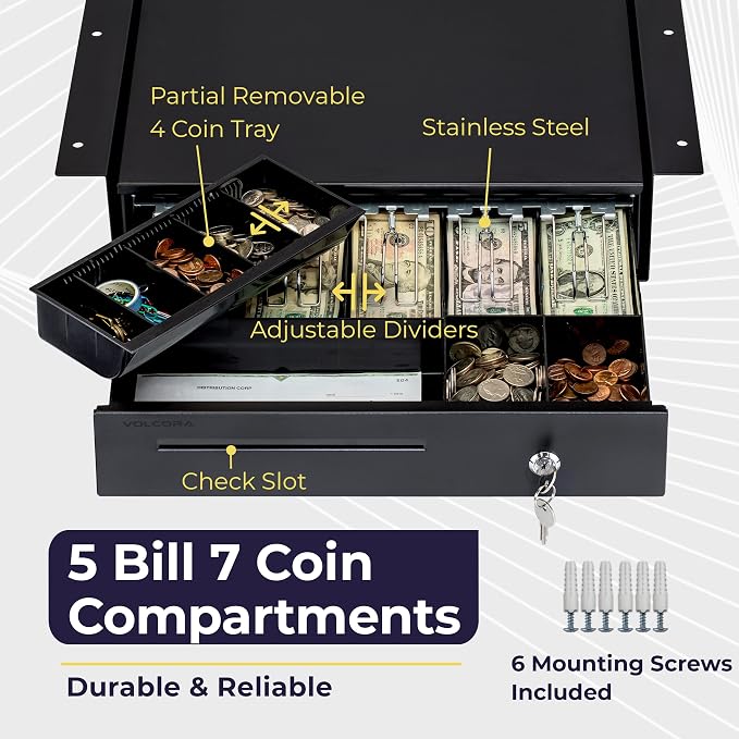 Volcora Cash Register Drawer with Under Counter Mounting Metal Bracket - 16" Black Cash Drawer for POS, 5 Bill 6 Coin Cash Tray, Removable Coin Compartment, 12-24V RJ11/RJ12 Key-Lock, Media Slot