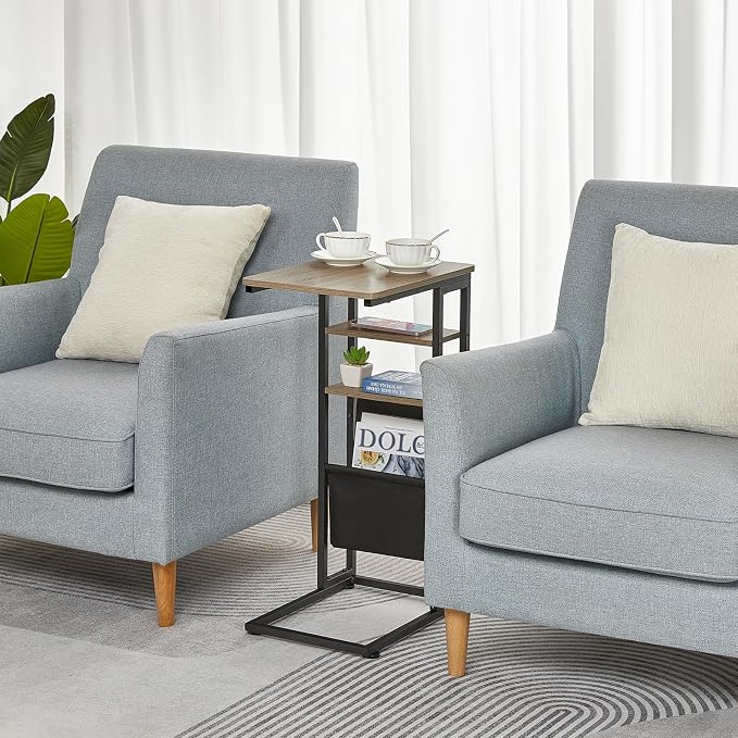 C Shaped End Table 28"(H) 3-Tier C Table with Storage Bag, Under Couch Table C-Shaped End Table with Storage Shelves and Bag for Living Room, Bedroom, or Office
