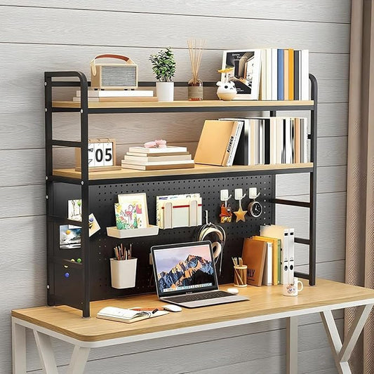2-Tier Desktop Bookshelf Hutch - Metal Desk Shelf Bookcase with Desk Pegboard Countertop Storage Organizer Rack for Dorm or Office (B, 90cm/35.4in)