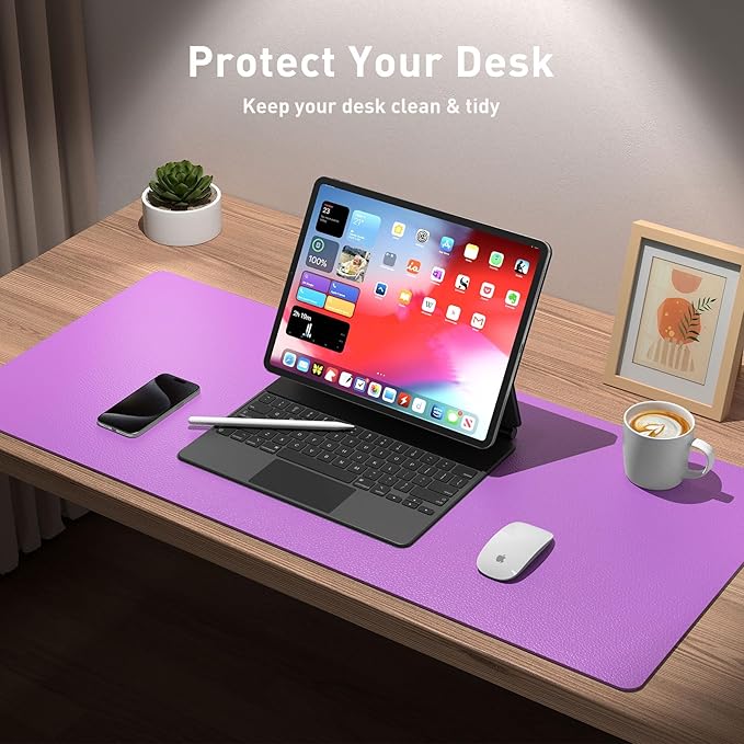 Aothia Leather Desk Pad Protector, Mouse Pad, Office Desk Mat, Non-Slip PU Leather Desk Blotter, Laptop Desk Pad, Waterproof Desk Writing Pad for Office and Home (36" x 17", Iris Violet)