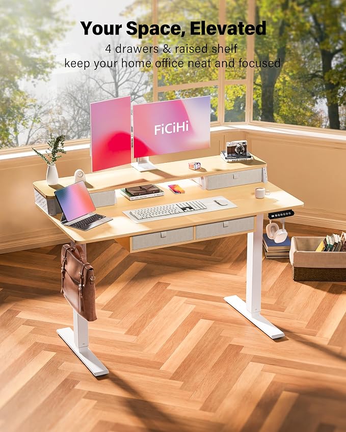 FiCiHi Electric Standing Desk with Four Drawers, 48 x 24 Inch Adjustable Height Sit Stand Desk, C-Clamp Compatible Home Office Desk with Storage Shelf & Monitor Stand Riser, Maple