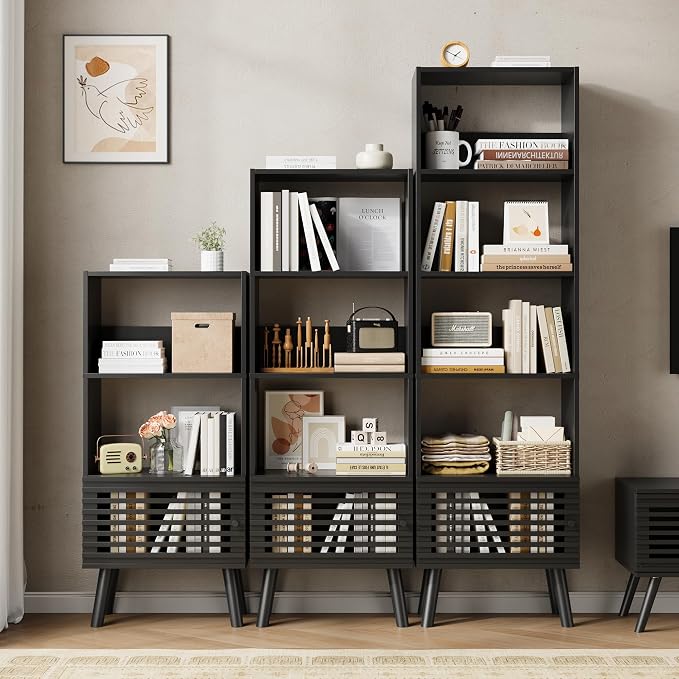 Furnify Small Narrow Corner Bookcase, 55" H Mid Century Modern Bookshelf with Slatted Door, 4 Cube Bookcase with Open Shelf, Display Storage Cabinet for Living Room, Home Office, Black