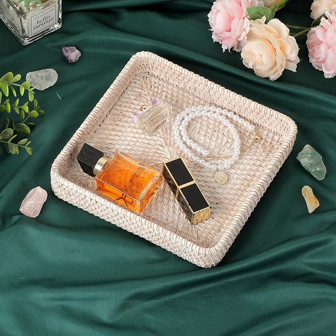 Hipiwe Key Basket for Entryway Table Handwoven Wicker Fruit Tray for Organizing Decor Rattan Serving Tray for Kitchen Living Room Bathroom, Whitewash