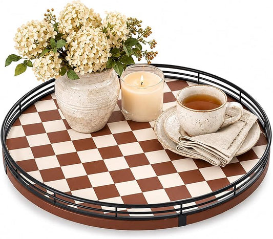Brown Checkered Lazy Susan Tray, 13 Inch Large Rotating Serving Tray with Black Metal Rail, Round Wood Turntable for Dining Table Centerpiece, Coffee Table Decor and Entertaining