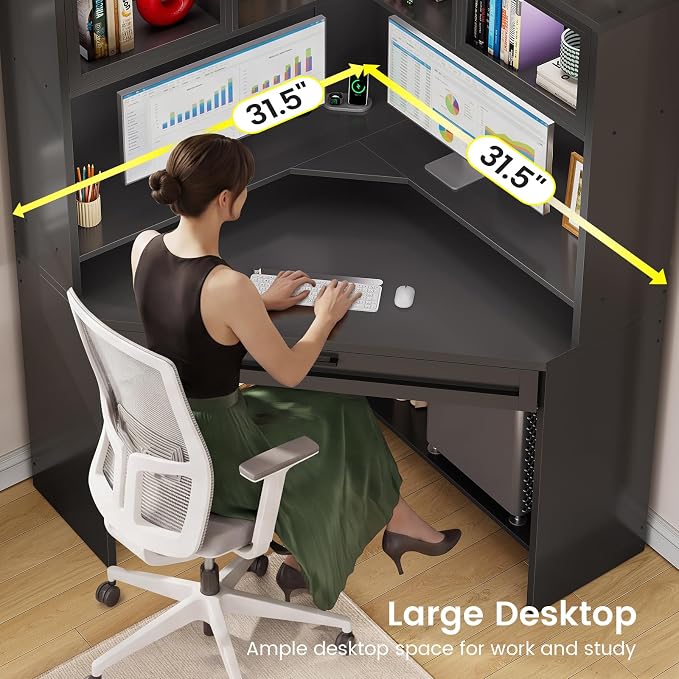 SEDETA 31.5" Corner Desk with Drawers, Small Office Computer Desk with Storage Shelves & Hutch for Small Space, Gaming Desk with LED Lights & Power Strip for Home Office, Black