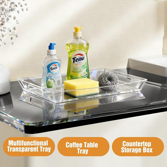 Clear Plastic Serving Tray with Handles, BPA-Free Storage Organizer Tray -2 Pack Large Trays 16"x11.5" Reusable Serving Platters for Appetizer, Fruit, Kitchen, Desk & Serving Tray for Party Supplies
