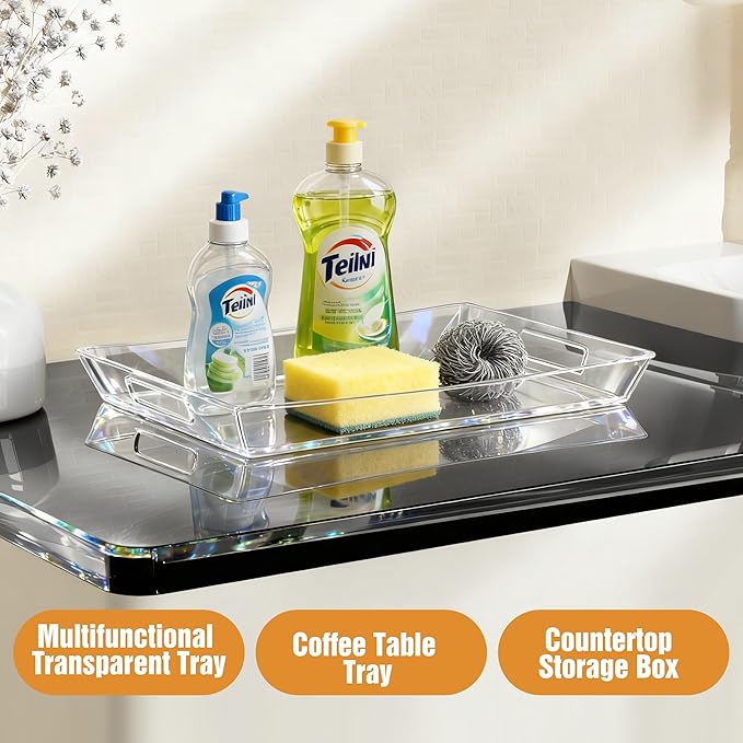 Clear Plastic Serving Tray with Handles, BPA-Free Storage Organizer Tray - Large Serving Trays 16"x11.5" Reusable Serving Platters for Appetizer, Fruit, Kitchen, Desk & Serving Tray for Party Supplies