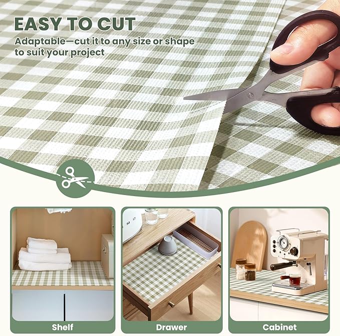 Drawer Liner and Shelf Liner for Kitchen Cabinet Liner Non-Adhesive Non-Slip Shelf Paper, Thick Strong Grip Waterproof Easy to Clean for Shelves, Cupboard, Desks, Green Plaid Pattern, 12 in x 30 FT