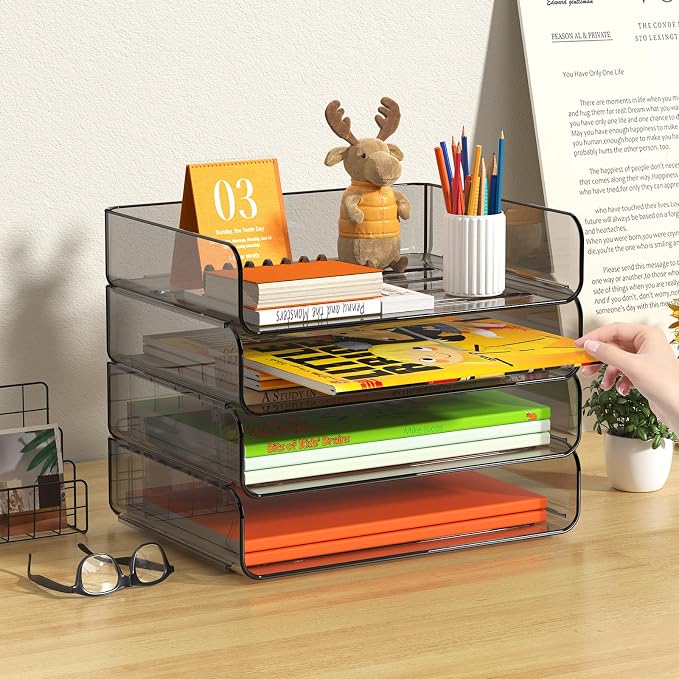FANXIYQ 4-Tier Acrylic Paper Tray Organizer, Brown Stackable Desk File Organizer for Documents, Mail, Homework & Notebooks, Letter Tray Storage for Home Office, Classroom & Study Desk