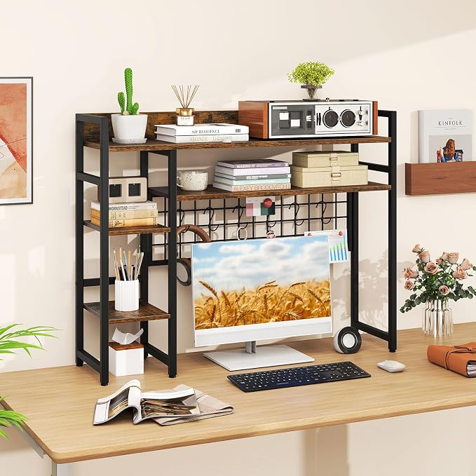 Giantex Desktop Bookshelf, 37" Desk Shelf for Up to 32" Computer Monitor, 4 Tier Desktop Display Shelves w/Grid Panel, 6 Movable Hooks, Anti-tip Device, Desk Hutch for Home Office Dorm (Rustic Brown)