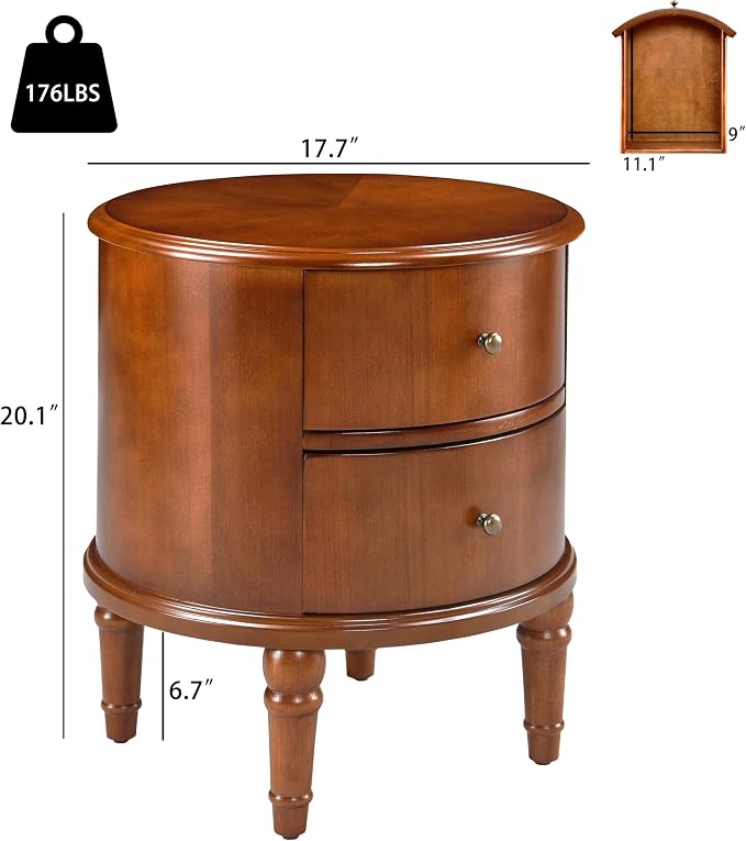Vintage Round End Side Table Set of 2 with 2 Storage Drawers, 17.7" W x 20.1" H Side Table for Bedroom Living Room, No-Tools Assembly, Honey Amber YBG-B5598-MG