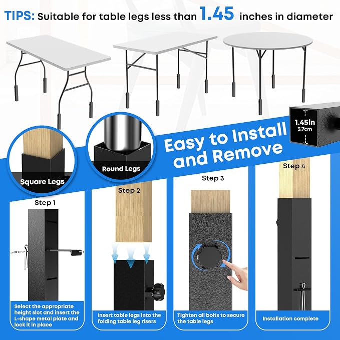 4 Pack Folding Table Leg Extenders, Highly Durable Steel Folding Table Leg Risers, Folding Desk Legs Extensions for Straight｜Bent Legs,3 Levels Adjustable Height Tables Extender Rise 2.3in｜4.3in｜6.3in