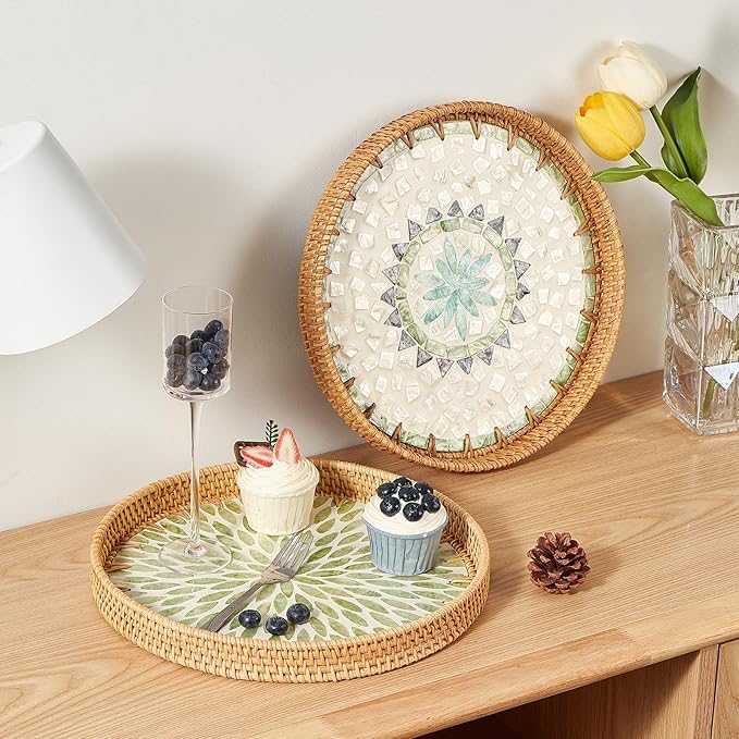 Kmelep Round Rattan Tray with Mother of Pearl Inlay, Rattan Serving Tray with Wooden Base, Decorative Wicker Basket for Table Decor, Storage and Display of Coffee Bread Food Fruit (Bohemia)