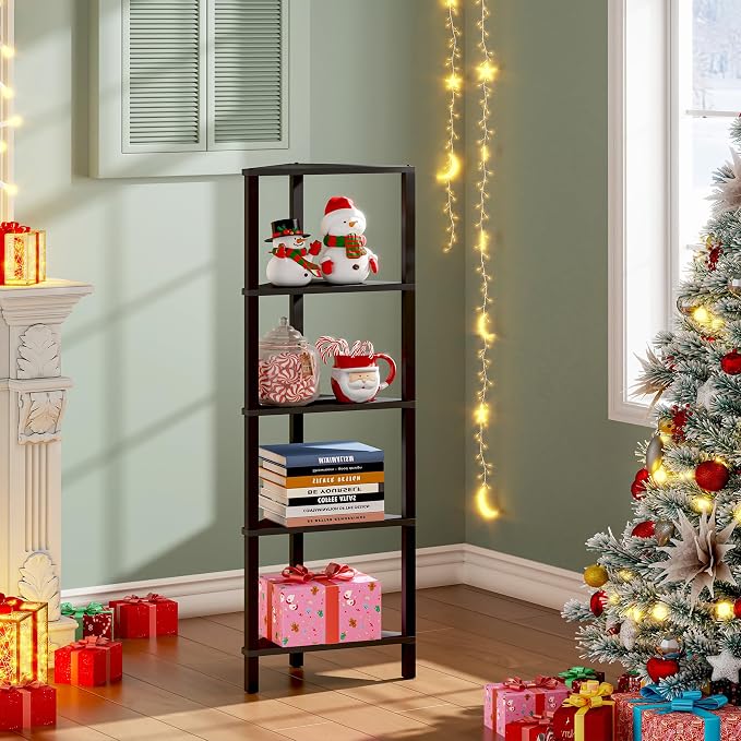 TUTOTAK Corner Shelf, 5-Tier Corner Bookshelf for Small Space, Narrow Display Corner Shelf Stand with Storage Rack, for Living Room, Bedroom, Black BS05BK005
