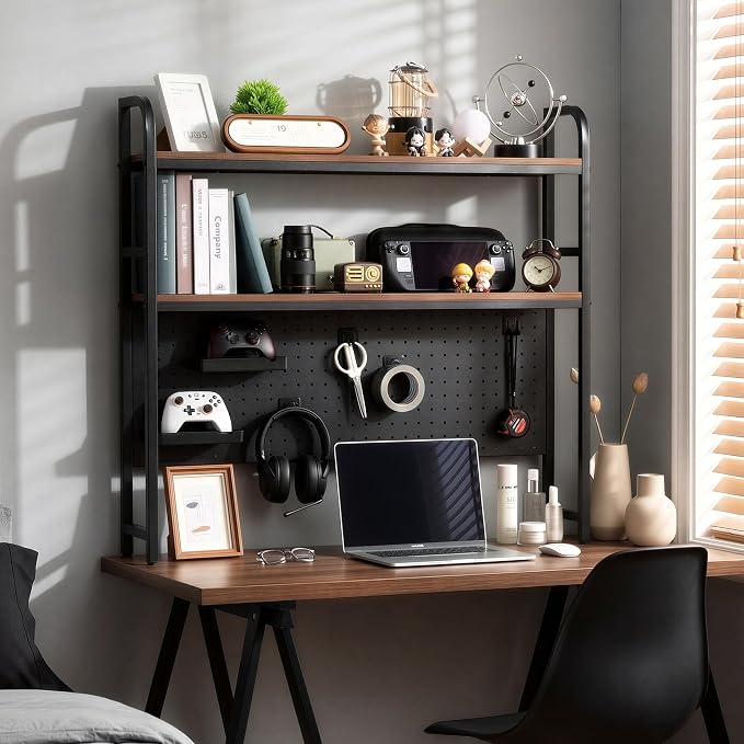 deli Desktop Shelf, Desk Hutch with Grid Panel, Desktop 2-Tier Display Rack, Multipurpose Metal Desktop Bookshelf Storage Organizer, Black