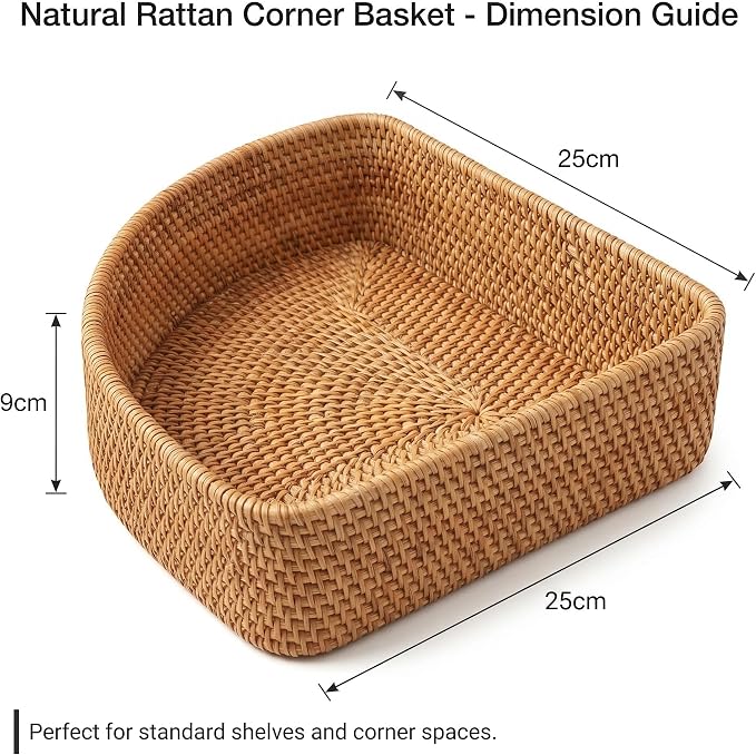 Handwoven Rattan Corner Basket, 10 Inch Quarter Round Woven Countertop Organizer, Boho Decorative Storage Tray for Bathroom Vanity, Kitchen Counter, Desk, Dead Space Solution