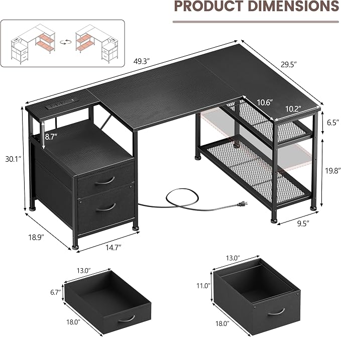 Furologee 49" L Shaped Computer Desk with Power Outlets, Reversible Home Office Desk with Fabric Drawers, File Cabinet, Printer Table, Metal Storage Shelves, Corner Desk for Small Space, Black