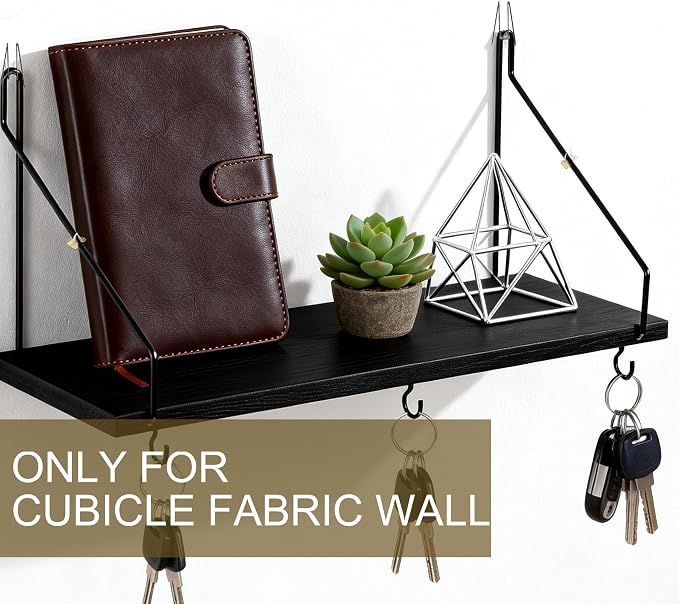 2 Pack Black Cubicle Shelf With Hooks For Fabric Walls, 12'' Wooden Office Cubicle Accessories for Work, Floating Wall Shelf for Decor, Hanging Organizer for Cubicle Wall Storage & Office Decorations
