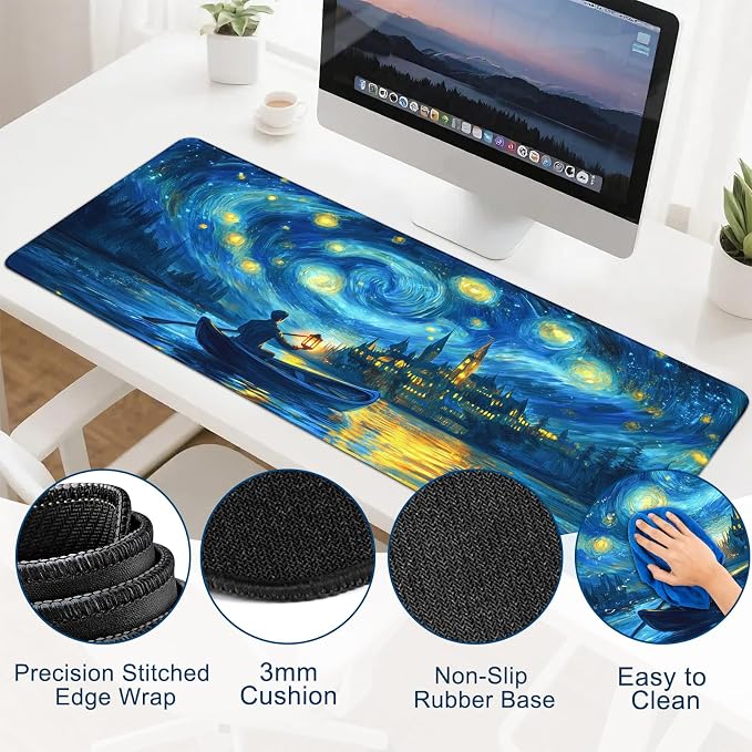Gaming Desk Mat with Silky Smooth Surface & Exquisite Patterns,31.5x11.8 Inches Large-Sized Mouse Pad, Perfect for Extended Gaming,Work,and Home Office Decor (Van Gogh Oil Painting 1)