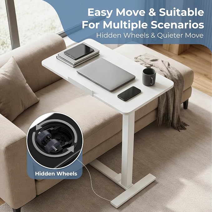 DUMOS Adjustable Rolling Desk, Mobile Overbed Bedside with Hidden Wheels, Portable Laptop Standing Desks Computer Workstation for Bed Sofa Couch, Milk