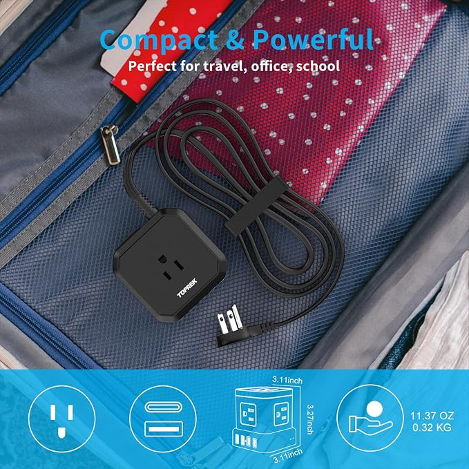 Power Strip with USB, USB C (3.0A) Power Strip with 5 Outlets, 2 USB-C & 2 USB-A, 5 FT Flat Extension Cord with Ultra Thin Flat Plug, Surge Protector Compact for Home Office, Dorm, Hotel Travel
