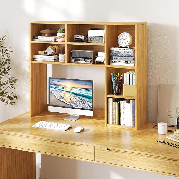 Giantex Desktop Bookshelf, Desk Hutch Dorm w/ 7 Cubes & 3 Adjustable Shelves, Desk Shelf for Up to 27" Computer Monitors, Wooden Desktop Storage Organizer for Dorm College Office Home (Burlywood)