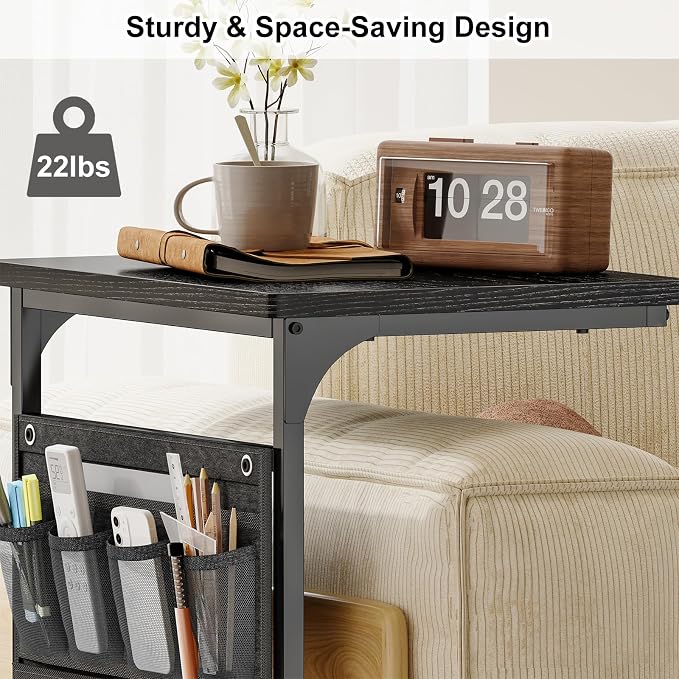 Fixwal C Shaped Side Table Adjustable Height End Table for Couch Small Sofa Table TV Tray with Storage Bag for Living Room, Bedroom & Office, Black