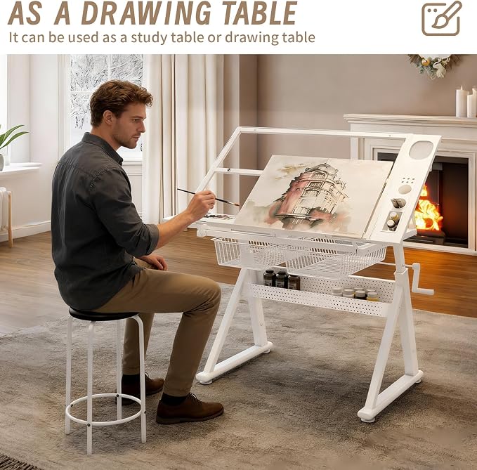 Hand Crank Adjustable Drafting Table with Tempered Glass Top, Height Adjustable Art Drawing Desk with Metal Drawers, Slide-Up Pencil Ledge & Stool, Drafting Desk for Home Studio Office