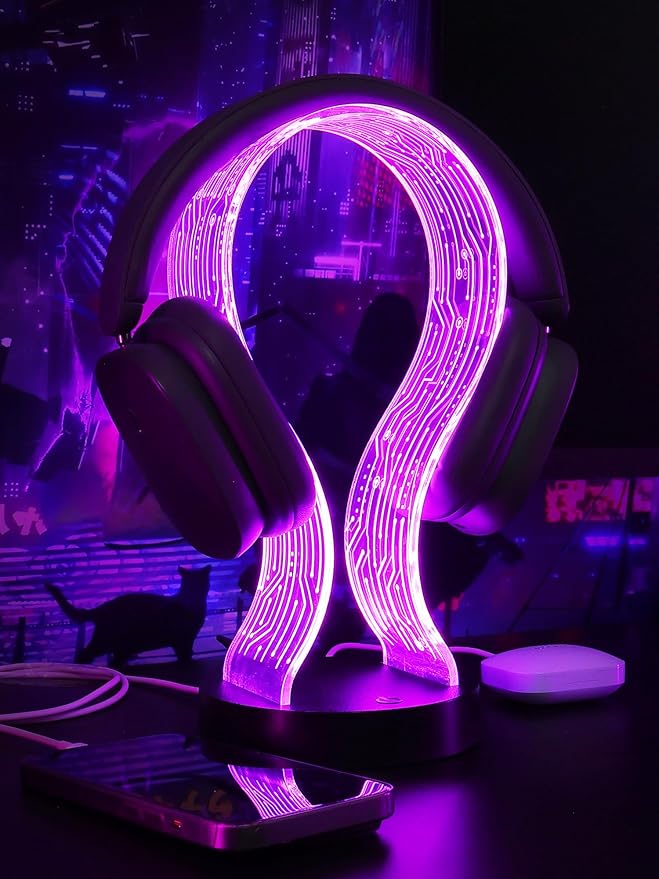 CoolGift Mart Light Up Headphone Stand with 16 Color Lights, PCB Pattern Acrylic Headset Stand with 1 USB and 1 Type-C Charging Ports, Gifts for Gamers Men Boy Father Dad and DJ Music Lovers