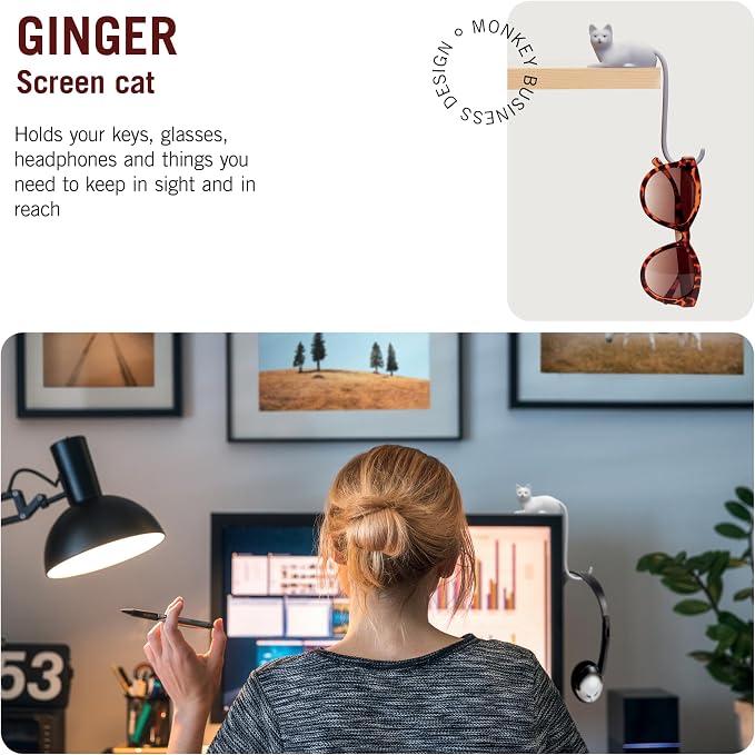 Monkey Business Ginger The Cat Tail Hook for Computer Screen, Tight Spaces, Hang Keys, Accessories in Easy Reach (White)