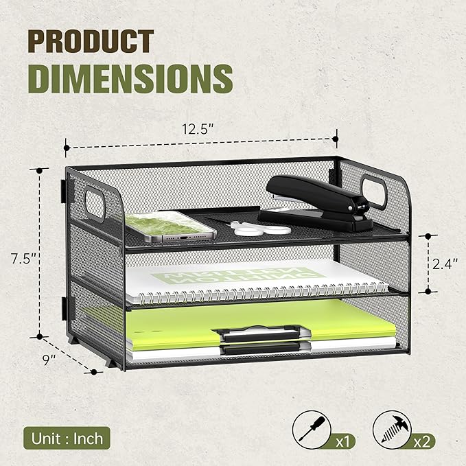 DALTACK 3 Tier Paper Organizer with Handle, Mesh Metal Desk Organizer with Sliding Paper Trays for Letter/A4 Paper, Mail, Bills & Folders, Black 2 Pack