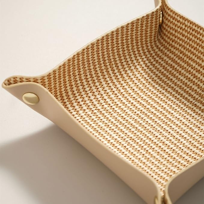 OLETHA Small Foldable Valet Tray - Aesthetic Desk Organizer for Home, Office & Travel - Portable Catch All Bowl for Keys, Scrunchie & Jewelry - Rattan Textured, Beige