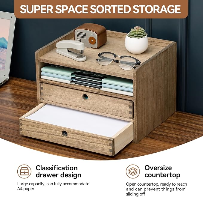 KIRIGEN Desktop Organizer Cabinet with 2 Drawers and Tray, Wood Office Desk Storage Shelf, 3-Tier Countertop Organizer for Papers, Supplies, Cosmetics, Kitchen Accessories Brown DT3D2C-DBR