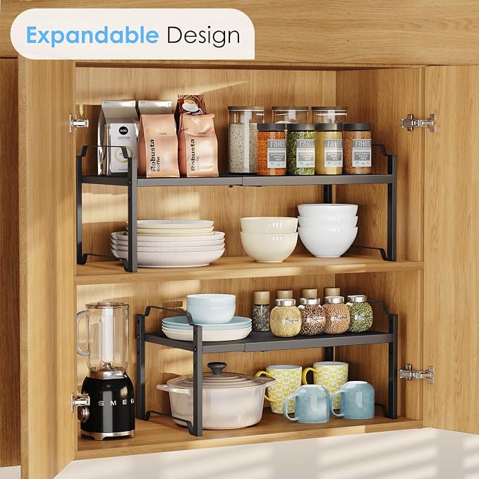 2 Pack 11” Depth Expandable Kitchen Cabinet Organizer Shelves, Metal Kitchen Countertop Organizers and Storage Shelving, Heavy Duty Stackable Storage Rack Shelf For Pantry Cupboard Counter Tabletop