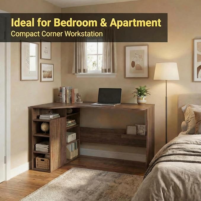 IDEALHOUSE L Shaped Desk with Storage Shelves, Small Corner Desk for Small Spaces, Reversible Table with 3 Tier Shelves, Home Office, Writing Study Gaming Desk, Walnut Wood
