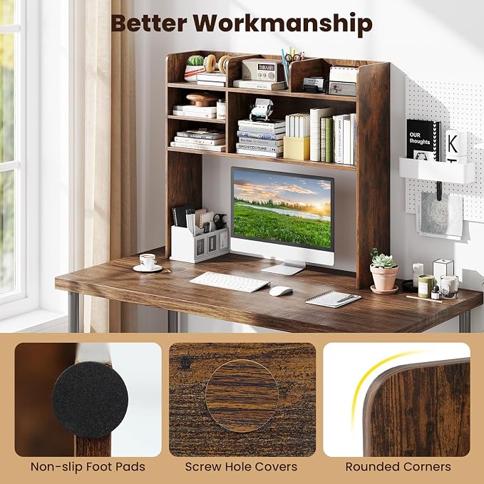 Giantex Desktop Bookshelf, 37" Desk Hutch Dorm for Computer Up to 32 Inch, Countertop Hutch w/6 Storage Shelves, 3-Tier Desktop Organizer Display Rack, Wood Desk Shelf for Home Office (Rustic Brown)