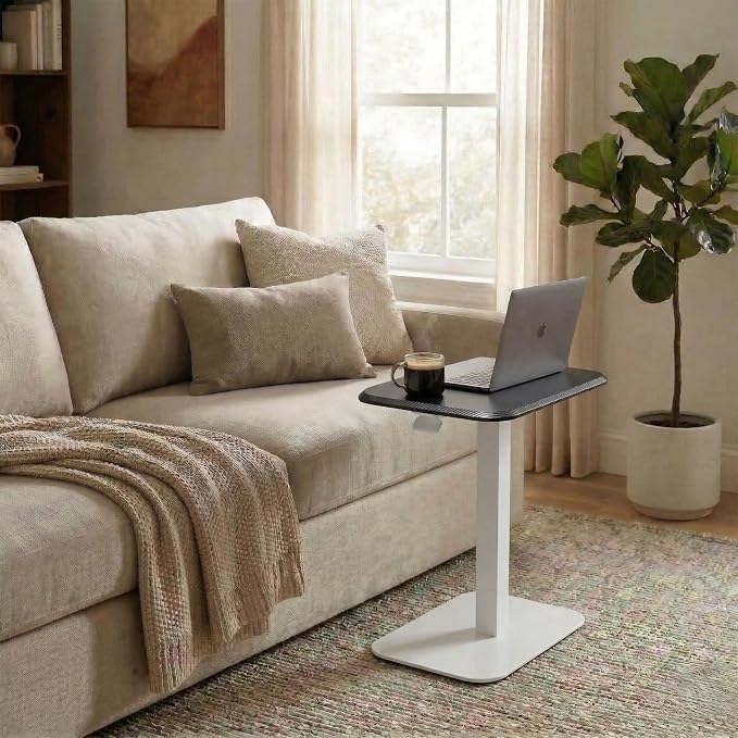 Elevance Height Adjustable Side Table, White Base, Carbon Black Top | Sofa Laptop Table for Couch & Bed | Small C-Shape End Table for Home or Office